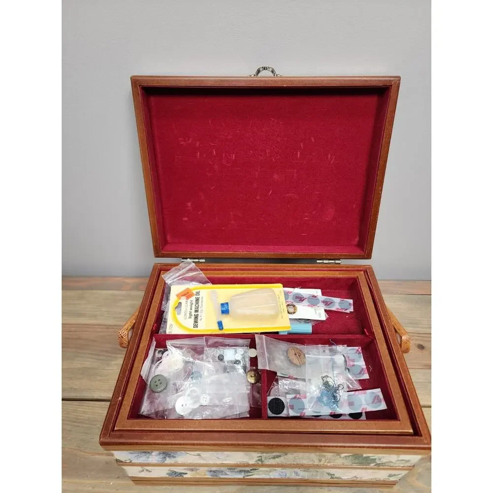 Vintage Oak Sewing Basket jewelry Hope box handmade Red Lining